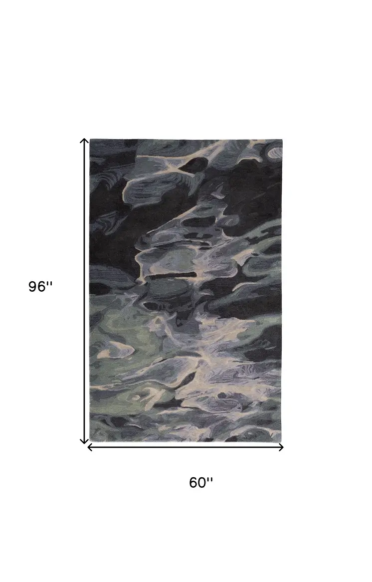 5' X 8' Blue and Black Wool Abstract Hand Tufted Area Rug