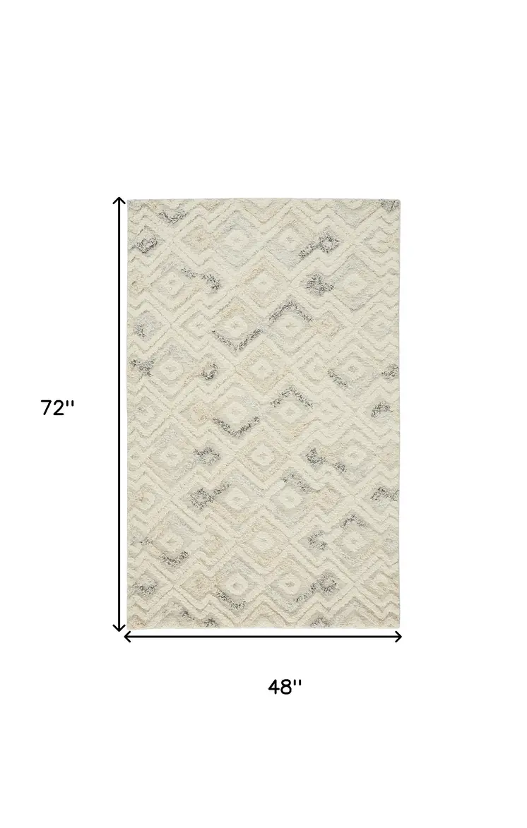 4' X 6' Gray And Ivory Wool Geometric Tufted Handmade Area Rug
