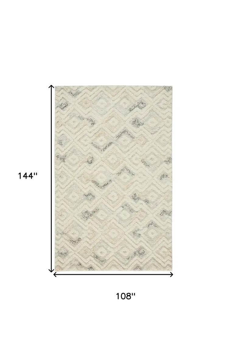 9' X 12' Gray And Ivory Wool Geometric Tufted Handmade Area Rug