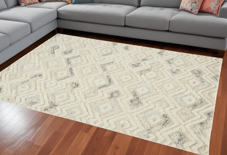 9' X 12' Gray And Ivory Wool Geometric Tufted Handmade Area Rug