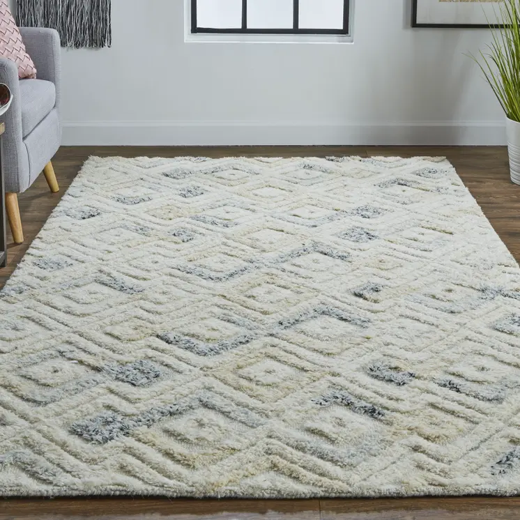 9' X 12' Gray And Ivory Wool Geometric Tufted Handmade Area Rug