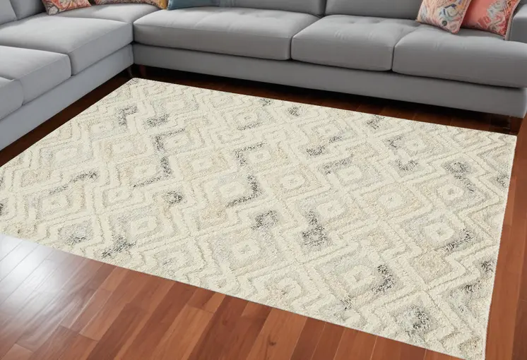 10' X 14' Ivory Gray And Black Wool Geometric Tufted Handmade Area Rug