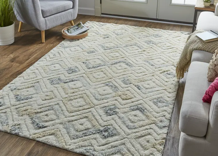 10' X 14' Ivory Gray And Black Wool Geometric Tufted Handmade Area Rug