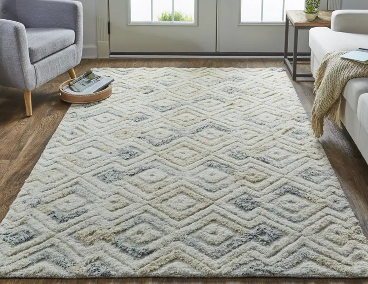 10' X 14' Ivory Gray And Black Wool Geometric Tufted Handmade Area Rug