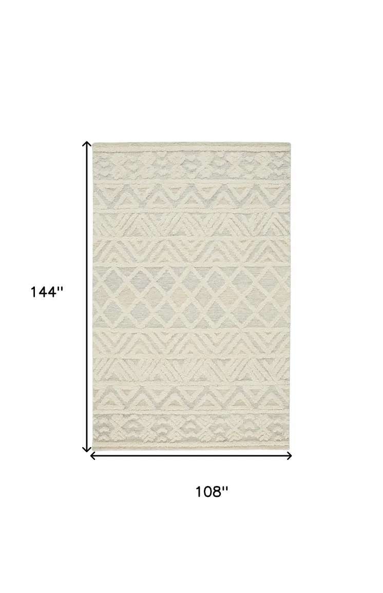 9' X 12' Ivory Blue And Tan Wool Geometric Tufted Handmade Stain Resistant Area Rug