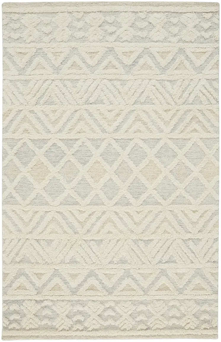10' X 14' Ivory Blue And Tan Wool Geometric Tufted Handmade Stain Resistant Area Rug