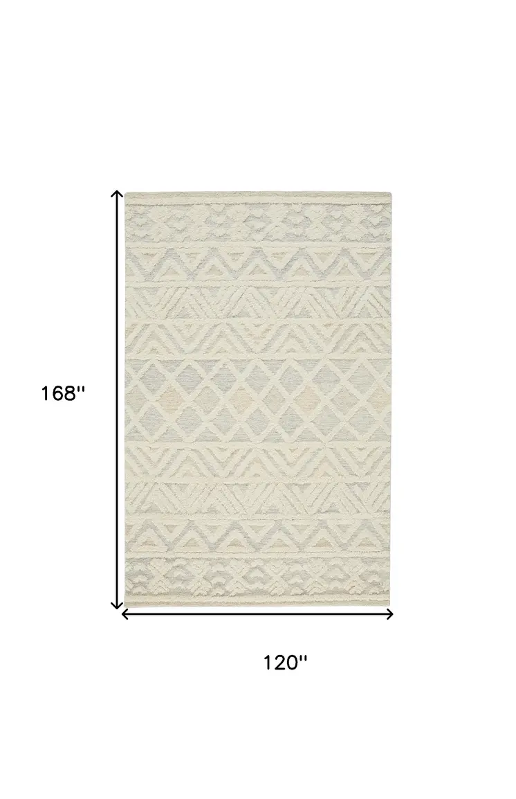 10' X 14' Ivory Blue And Tan Wool Geometric Tufted Handmade Stain Resistant Area Rug