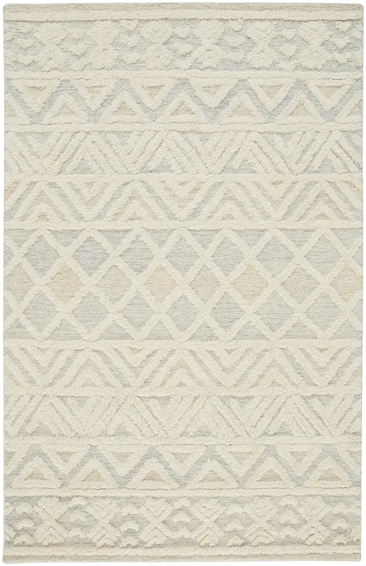 12' X 15' Ivory Blue And Tan Wool Geometric Tufted Handmade Area Rug