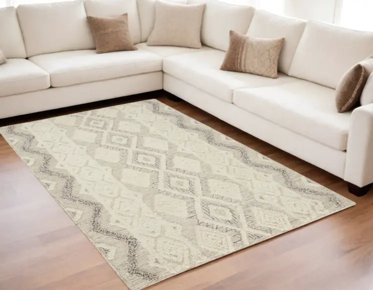 5' X 8' Ivory Taupe And Gray Wool Geometric Tufted Handmade Stain Resistant Area Rug