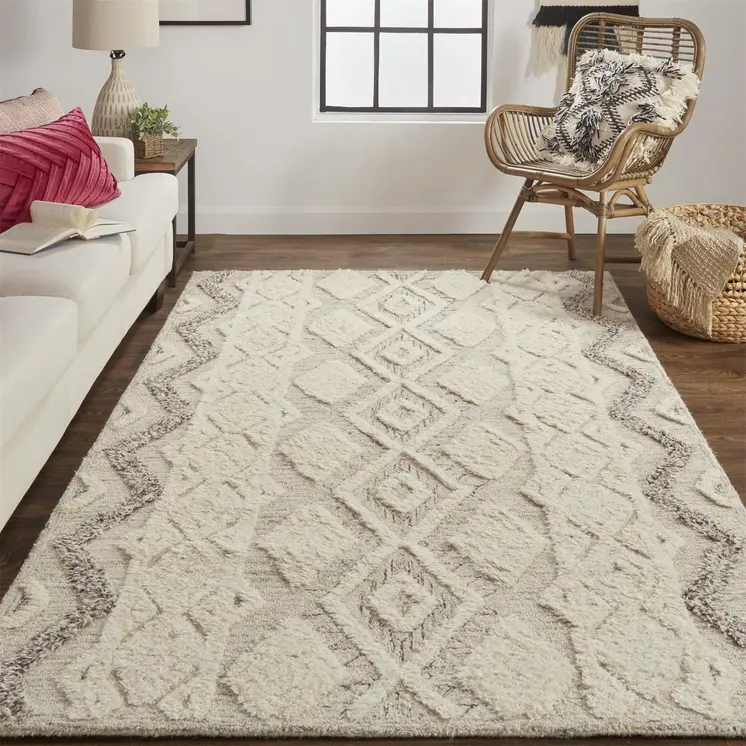 2' X 3' Ivory Taupe And Gray Wool Geometric Tufted Handmade Stain Resistant Area Rug