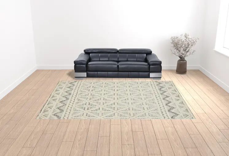 10' X 14' Ivory And Black Wool Geometric Tufted Handmade Stain Resistant Area Rug