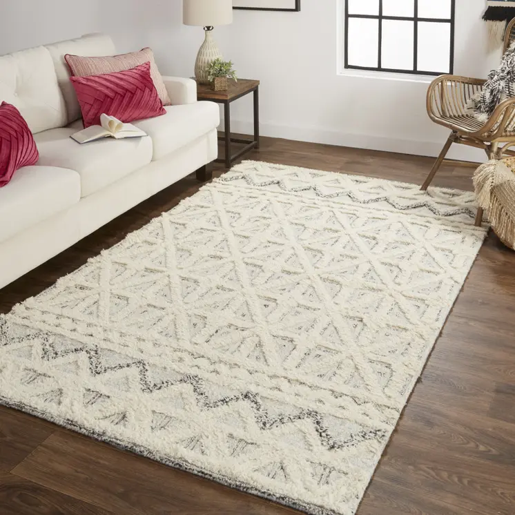 12' X 15' Ivory And Black Wool Geometric Tufted Handmade Area Rug