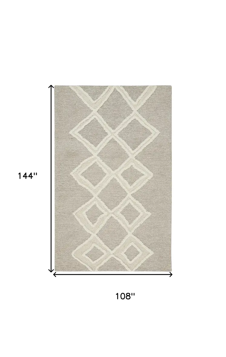 9' X 12' Gray And Ivory Wool Geometric Tufted Handmade Stain Resistant Area Rug