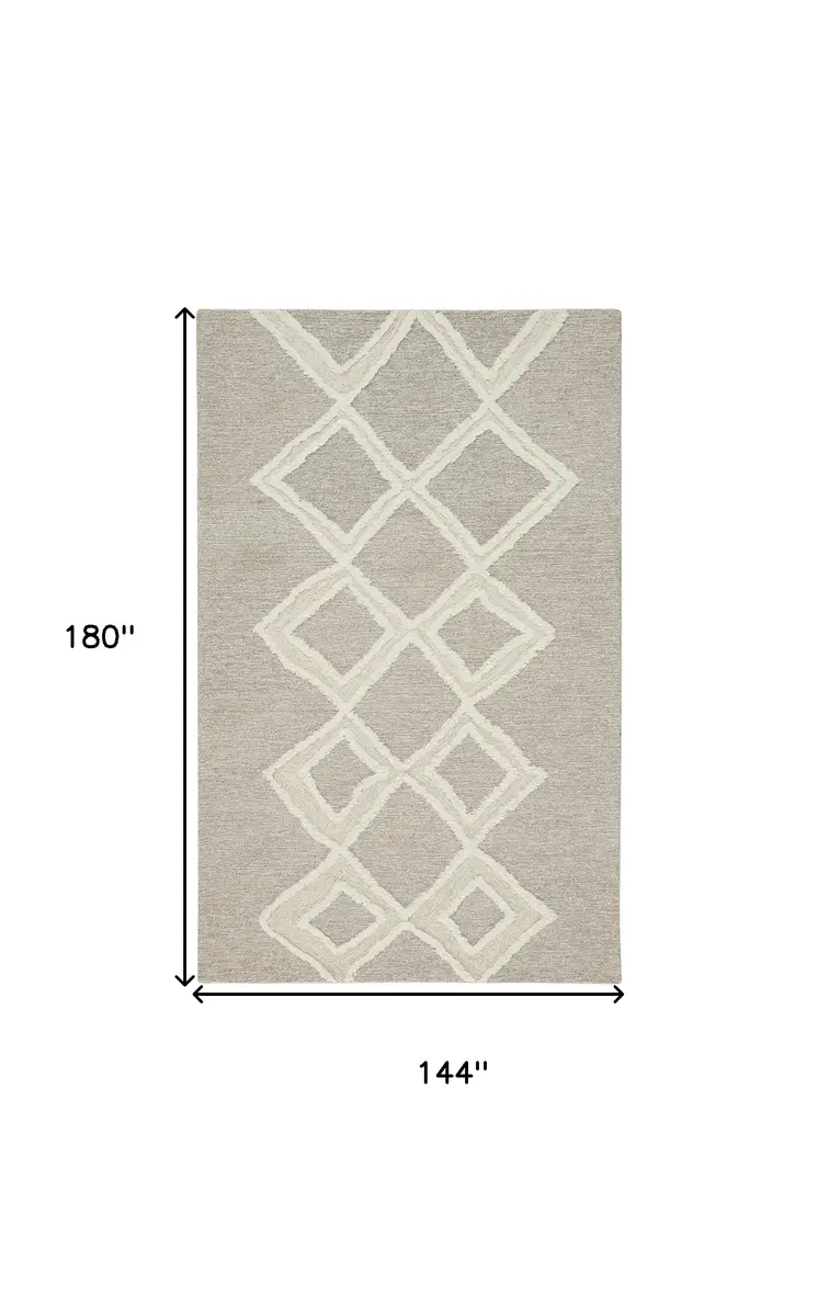 12' X 15' Gray And Ivory Wool Geometric Tufted Handmade Area Rug