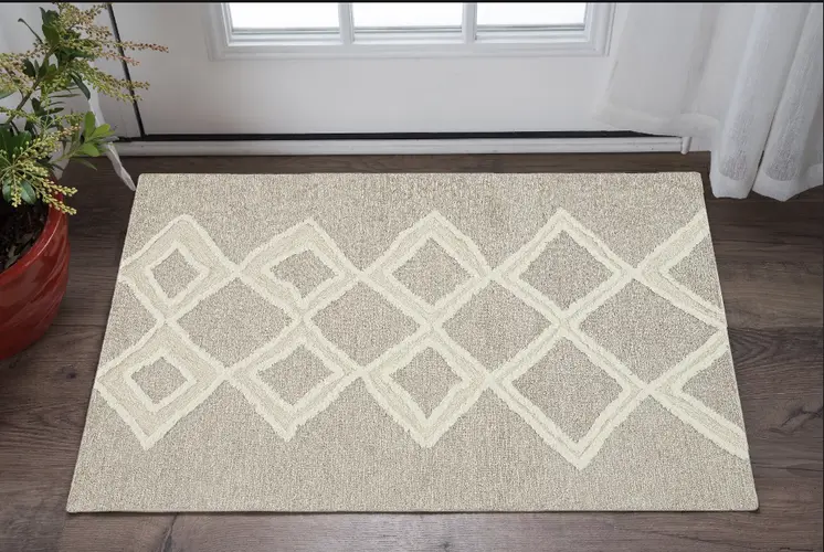 2' X 3' Gray And Ivory Wool Geometric Tufted Handmade Stain Resistant Area Rug
