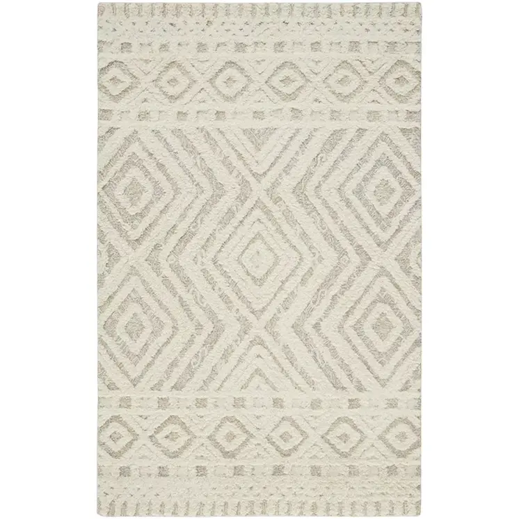 5' X 8' Ivory And Tan Wool Geometric Tufted Handmade Stain Resistant Area Rug