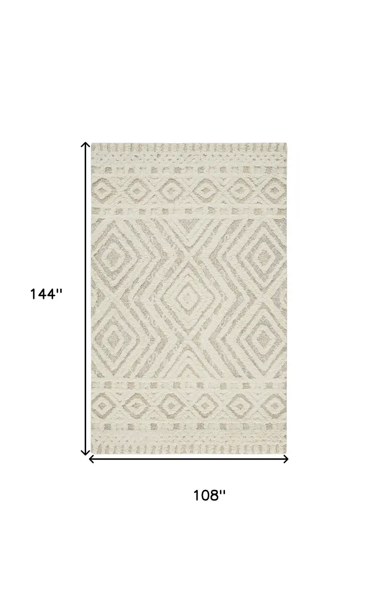 9' X 12' Ivory And Tan Wool Geometric Tufted Handmade Stain Resistant Area Rug