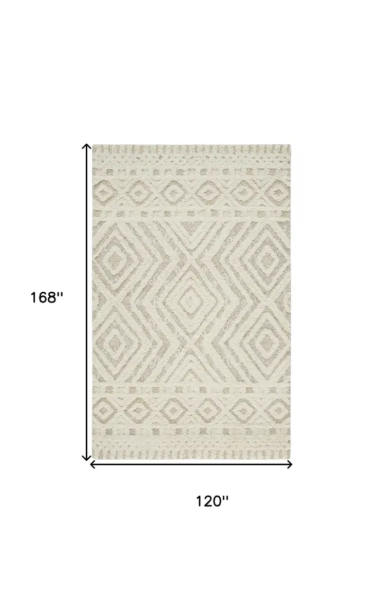 10' X 14' Ivory And Tan Wool Geometric Tufted Handmade Stain Resistant Area Rug