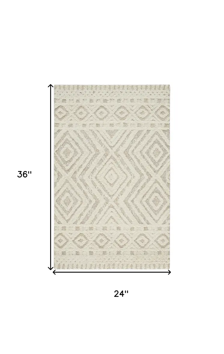 2' X 3' Ivory And Tan Wool Geometric Tufted Handmade Stain Resistant Area Rug