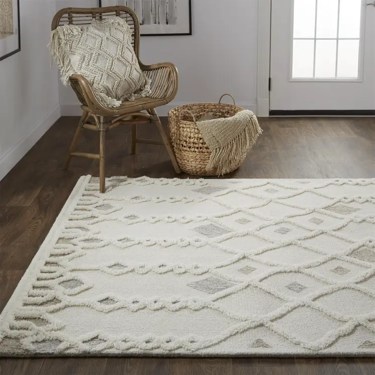 9' X 12' Ivory Tan And Silver Wool Geometric Tufted Handmade Stain Resistant Area Rug