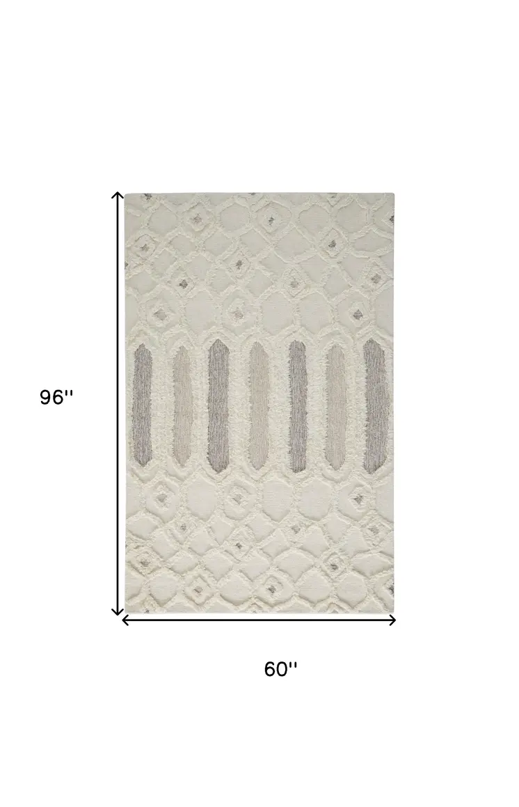 5' X 8' Ivory Taupe And Tan Wool Geometric Tufted Handmade Stain Resistant Area Rug