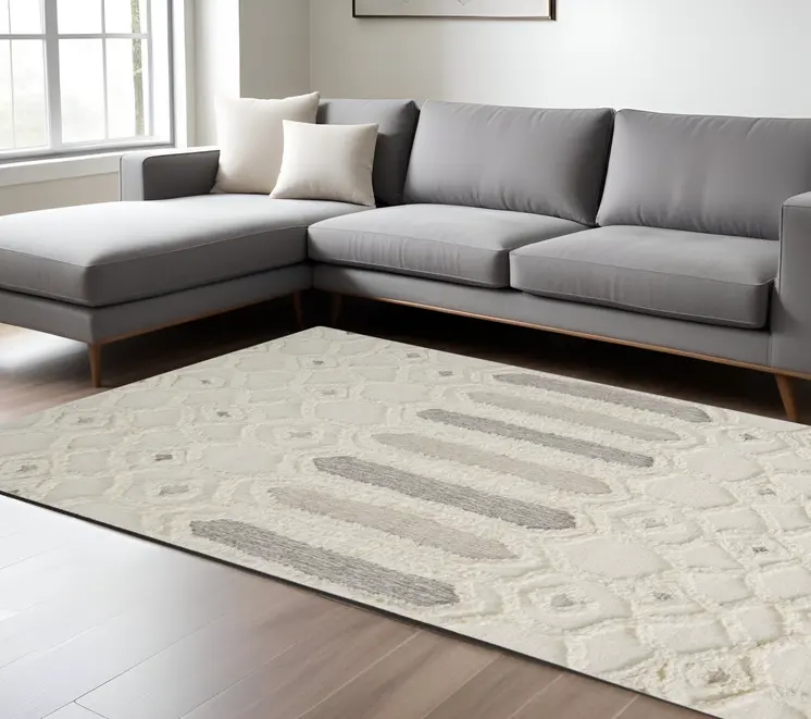 8' X 10' Gray and Ivory Wool Geometric Hand Tufted Area Rug