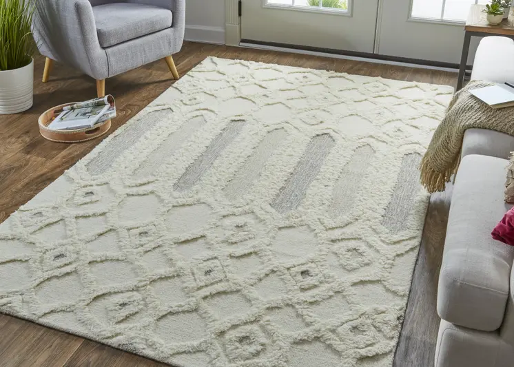9' X 12' Ivory Taupe And Tan Wool Geometric Tufted Handmade Stain Resistant Area Rug
