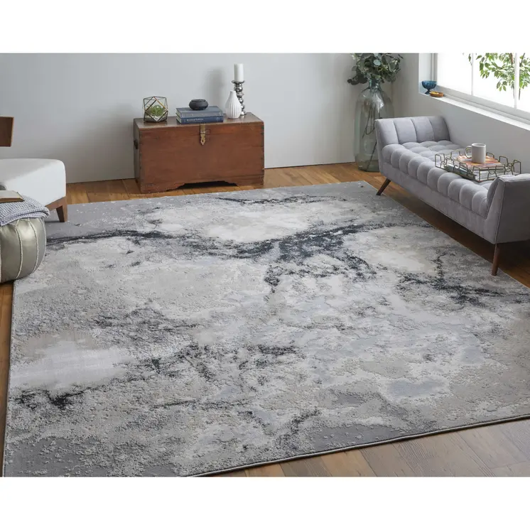 8' X 10' Ivory Black and Gray Abstract Area Rug