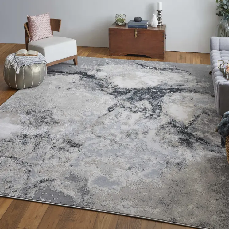 8' X 10' Ivory Black and Gray Abstract Area Rug