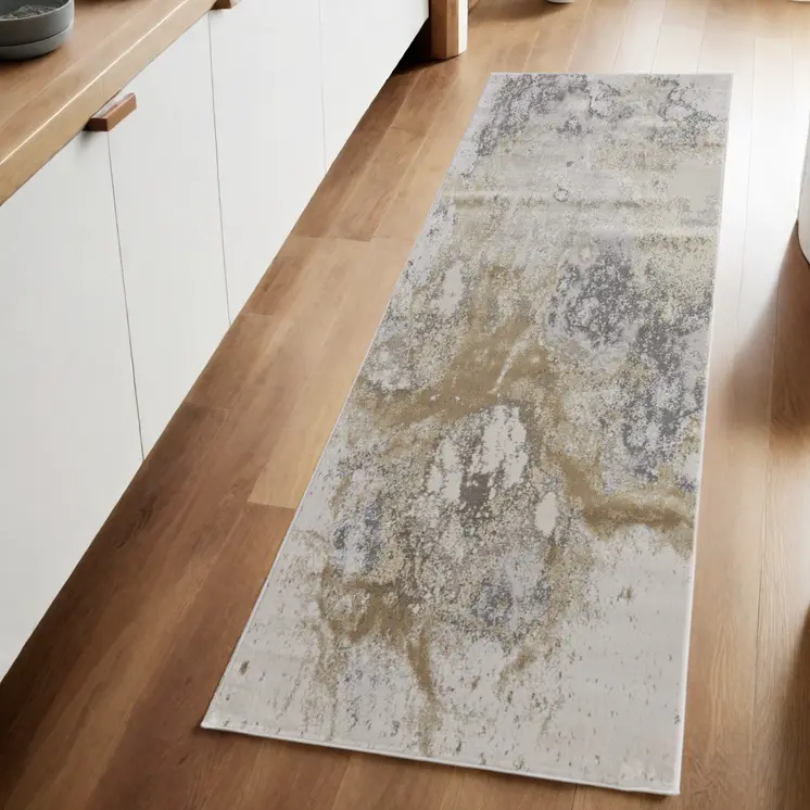 8' Gray and Ivory Abstract Power Loom Non Skid Runner Rug
