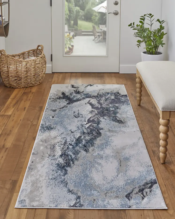 8' Blue and Ivory Abstract Power Loom Non Skid Runner Rug
