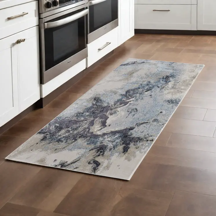 8' Blue and Ivory Abstract Power Loom Non Skid Runner Rug