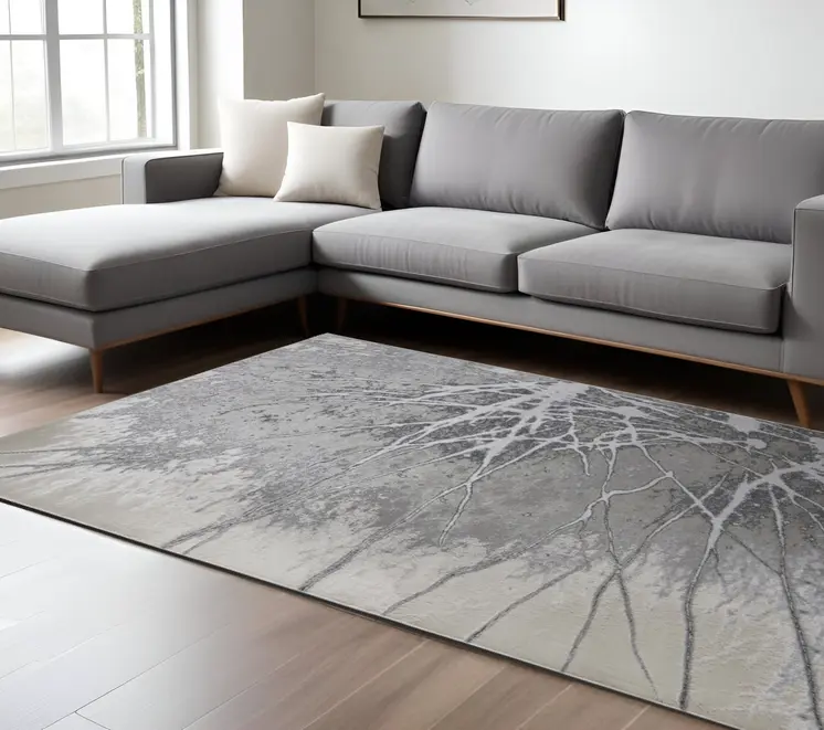 8' X 10' Gray Silver And Ivory Abstract Power Loom Area Rug