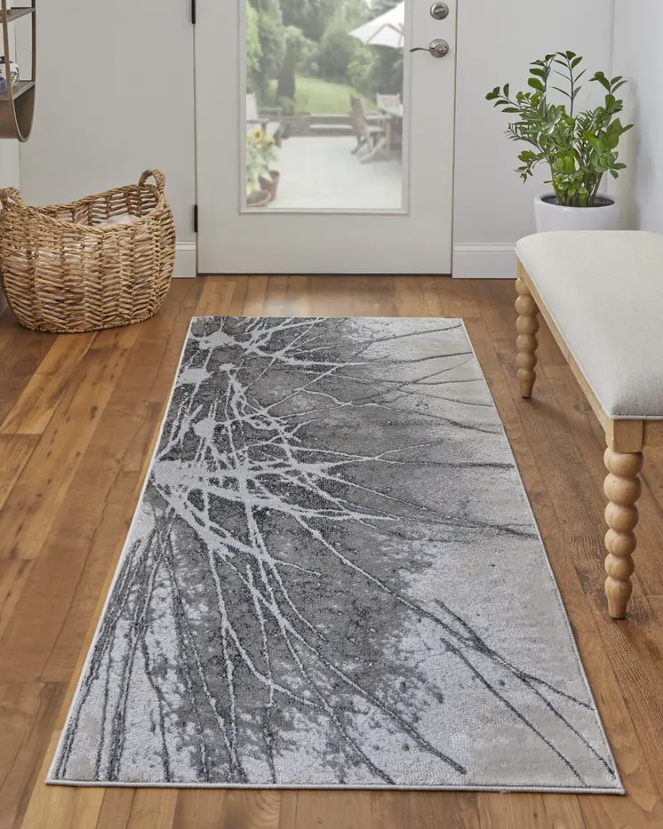8' Gray and Ivory Abstract Power Loom Non Skid Runner Rug