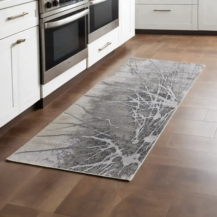 8' Gray and Ivory Abstract Power Loom Non Skid Runner Rug