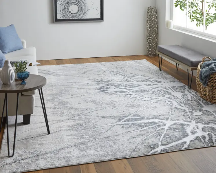 12' X 15' Gray Silver And Ivory Abstract Power Loom Area Rug