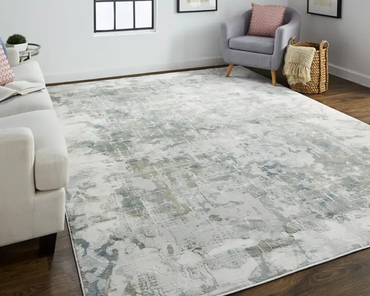 5' X 8' Green Gray And Ivory Abstract Distressed Stain Resistant Area Rug