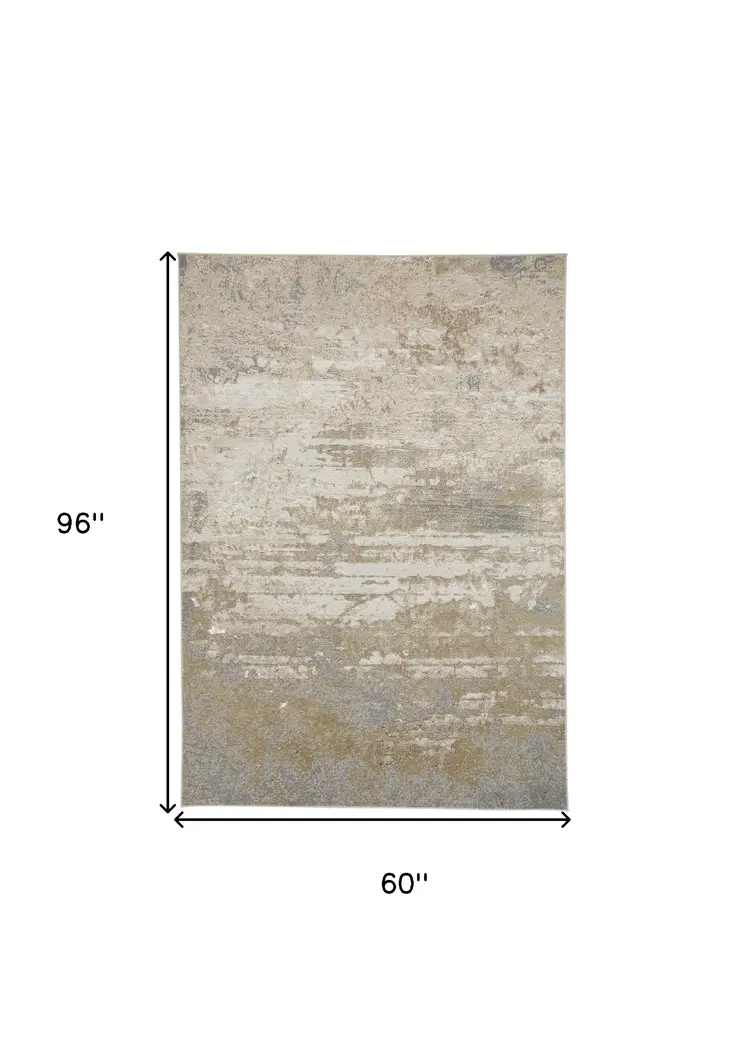 5' X 8' Ivory Gold And Gray Abstract Stain Resistant Area Rug
