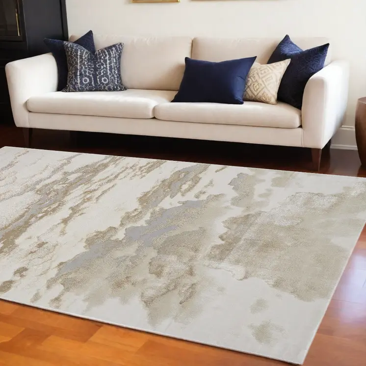 10' X 13' Ivory Tan And Gray Abstract Stain Resistant Area Rug