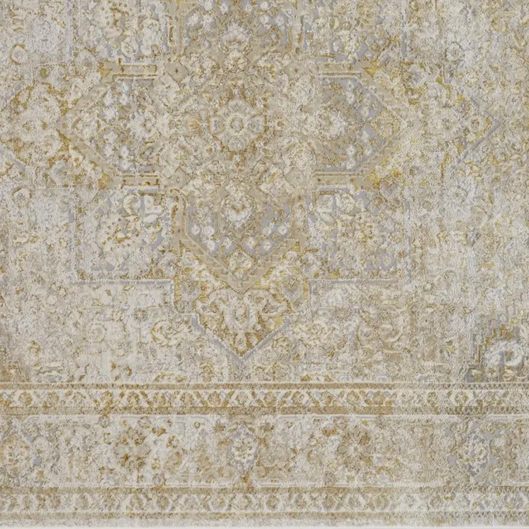 5' X 8' Ivory And Gold Floral Stain Resistant Area Rug