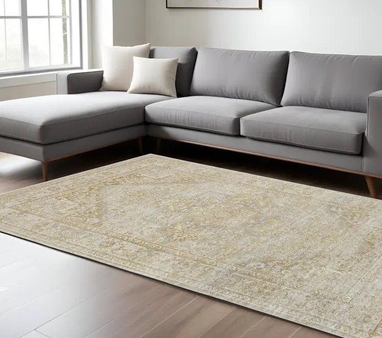 7' X 10' Gold and Ivory Floral Non Skid Area Rug