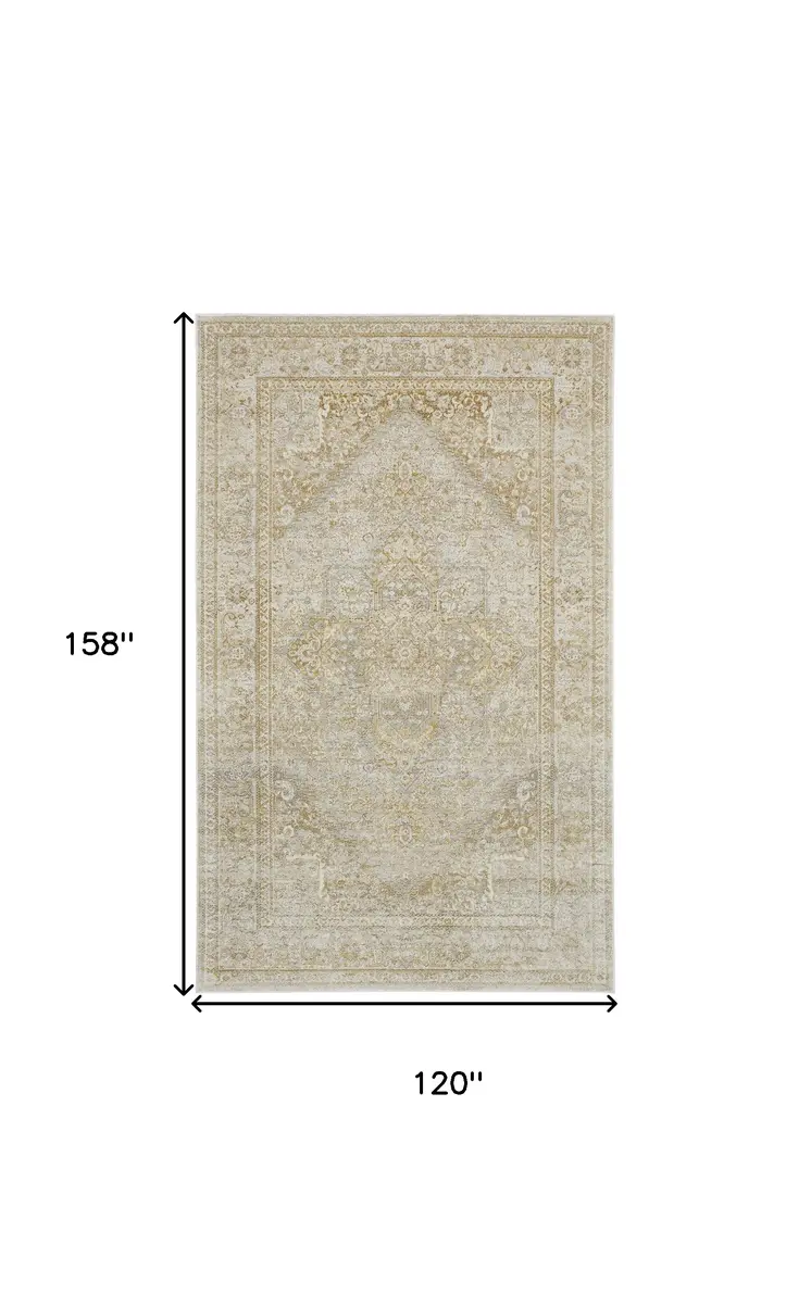 10' X 13' Ivory And Gold Floral Stain Resistant Area Rug