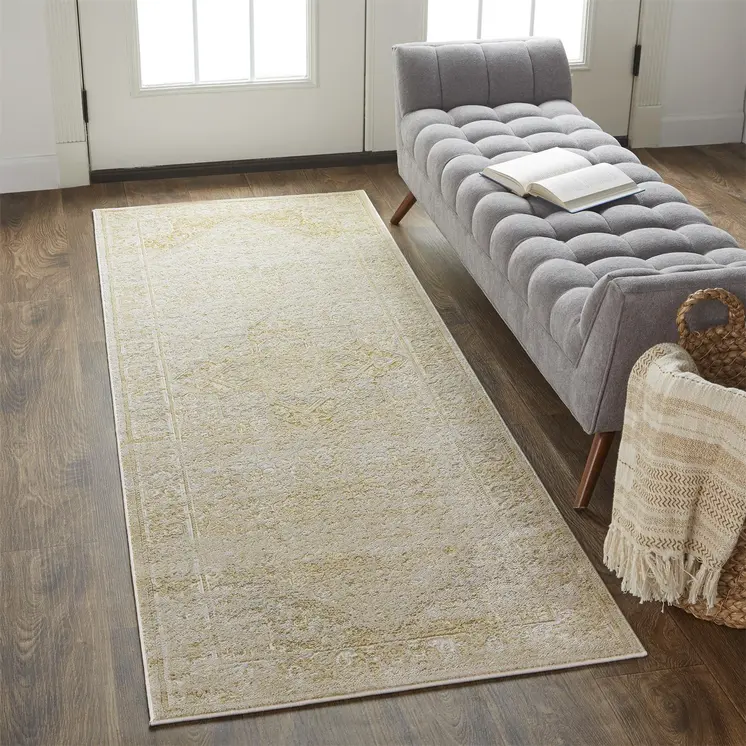 8' Gold and Ivory Medallion Power Loom Runner Rug