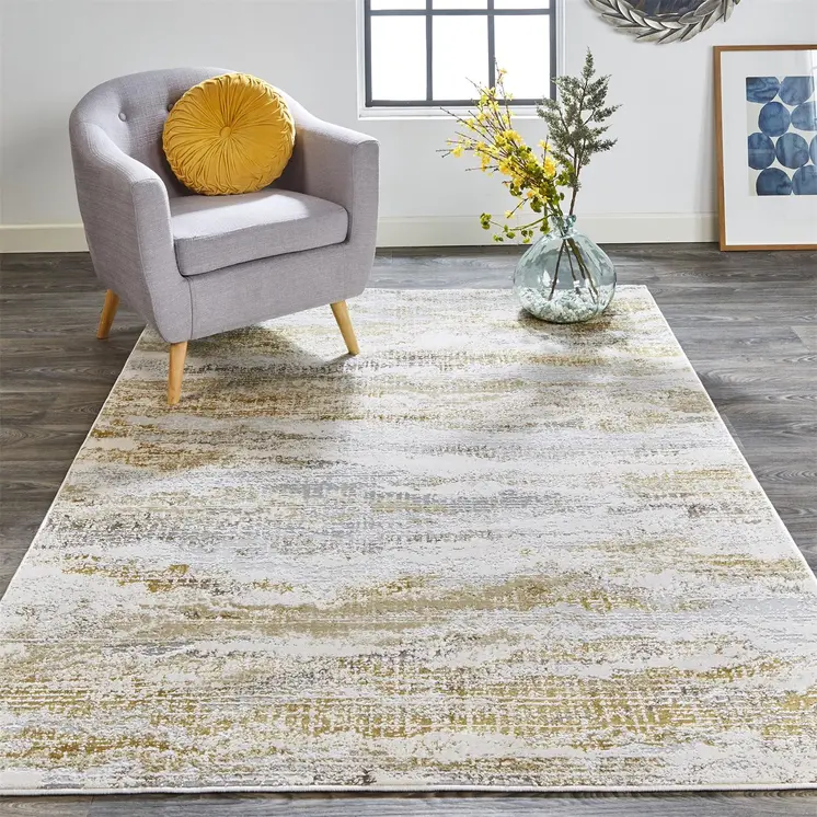 7' X 10' Gold Gray And Ivory Abstract Stain Resistant Area Rug