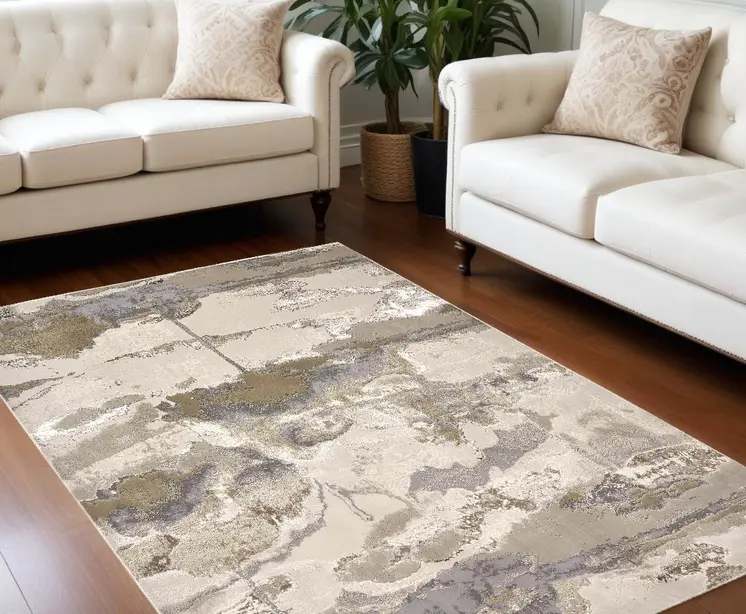 10' X 13' Gray Ivory And Gold Abstract Stain Resistant Area Rug