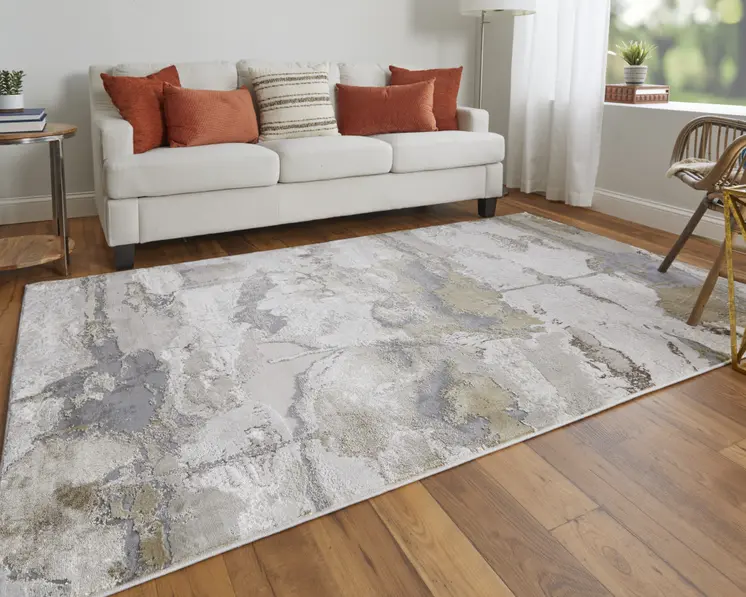 10' X 13' Gray Ivory And Gold Abstract Stain Resistant Area Rug