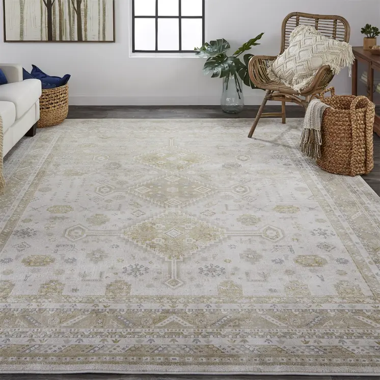 8' X 10' Gold and Ivory Floral Non Skid Area Rug