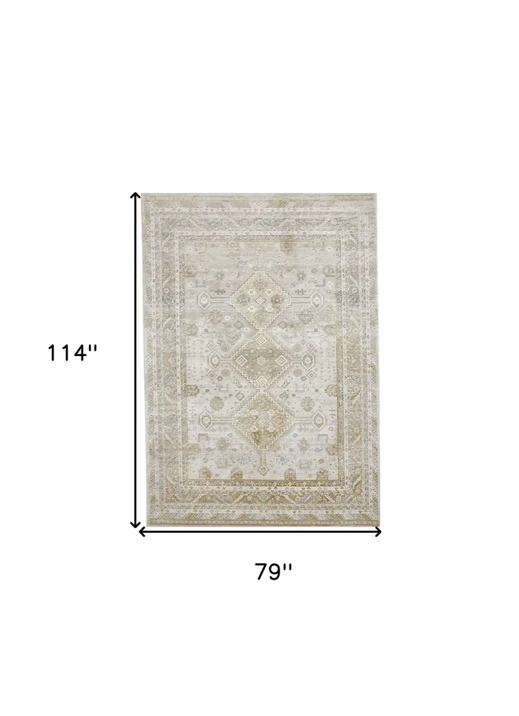 7' X 10' Gold And Ivory Floral Stain Resistant Area Rug