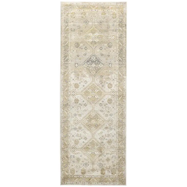 8' Gold and Ivory Floral Runner Rug