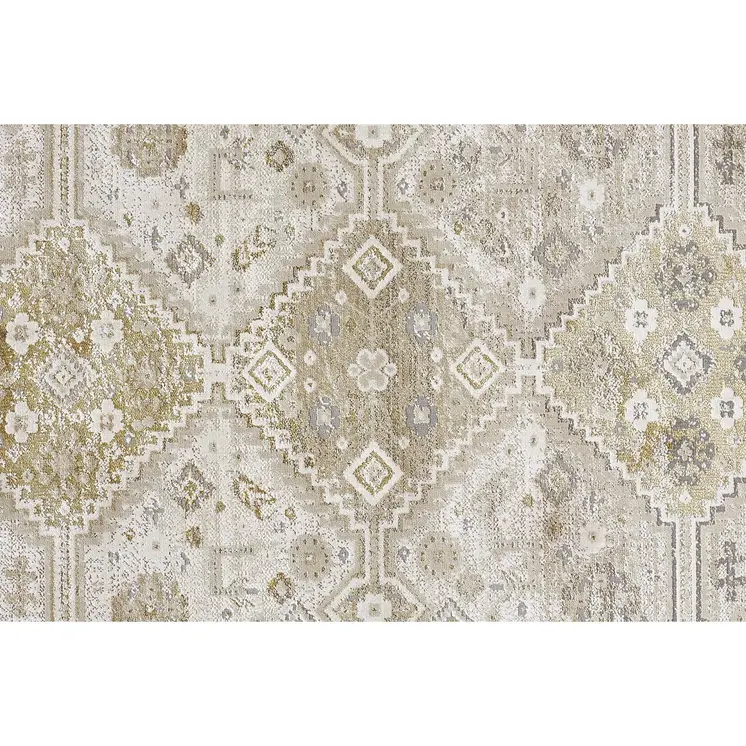8' Gold and Ivory Floral Runner Rug